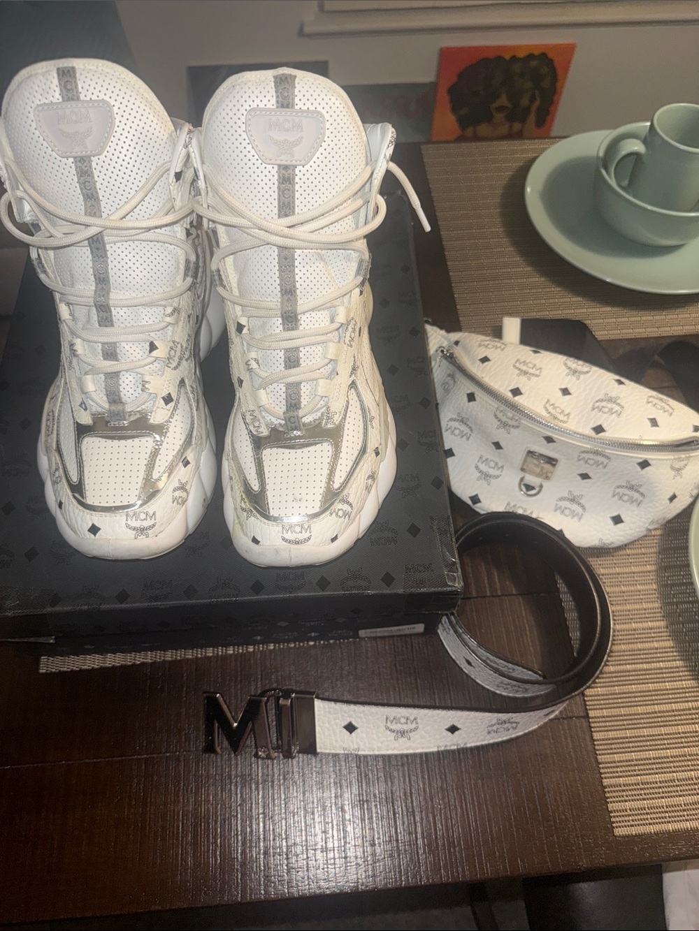 MCM White and Gray Logo Kids High-Top Sneakers